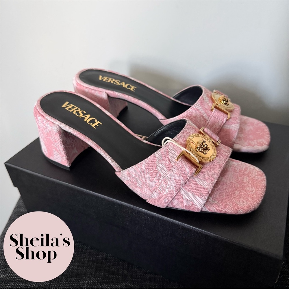NIB Versace Medusa Jacquard Barocco Heeled Slide Sandals Baby Pink Size 38
